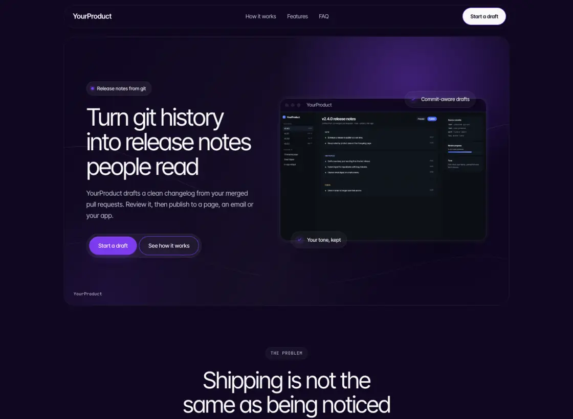 Dark software landing page: release notes from git, headline beside a framed product screen with glowing light