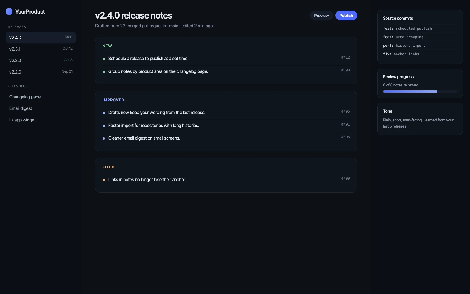 YourProduct release notes editor with a draft grouped into new, improved and fixed